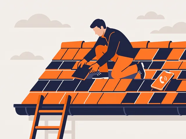 Illustration: a roofer at work on a roof while his phone rings on the tiles beside him.
