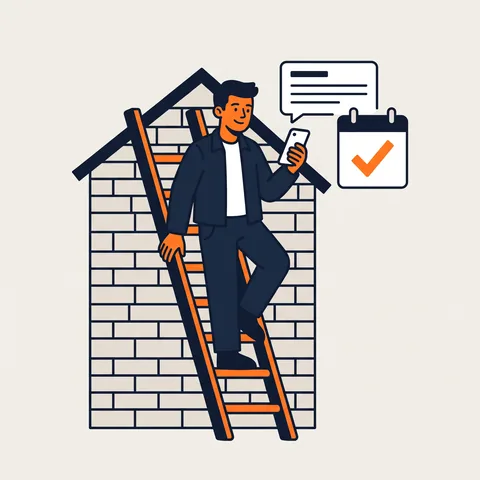 Illustration: a tradesman up a ladder reading the job summary, with the visit ticked in the diary.